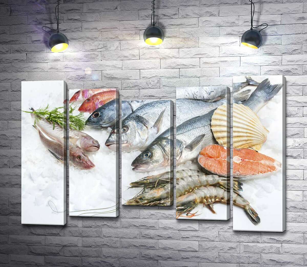 Модульная картина ArtPoster Разнообразие морской рыбы и креветок на холоде льда 130x88 см Модуль №28
Модульная картина ArtPoster Разнообразие морской рыбы и креветок на холоде льда 130x88 см Модуль №28