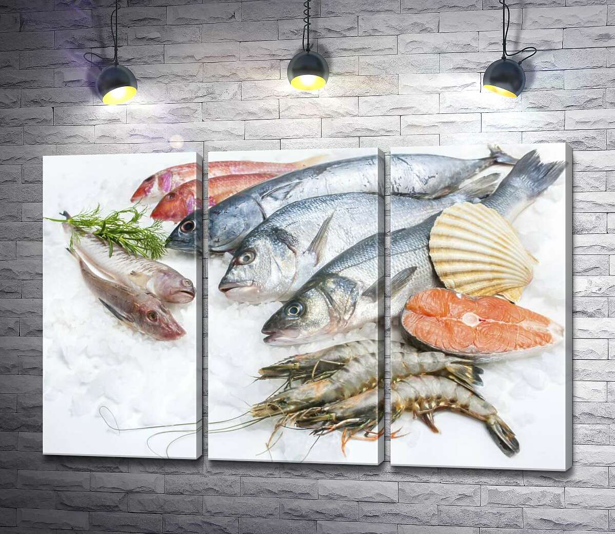 Модульная картина ArtPoster Разнообразие морской рыбы и креветок на холоде льда 60x40 см Модуль №11
Модульная картина ArtPoster Разнообразие морской рыбы и креветок на холоде льда 60x40 см Модуль №11