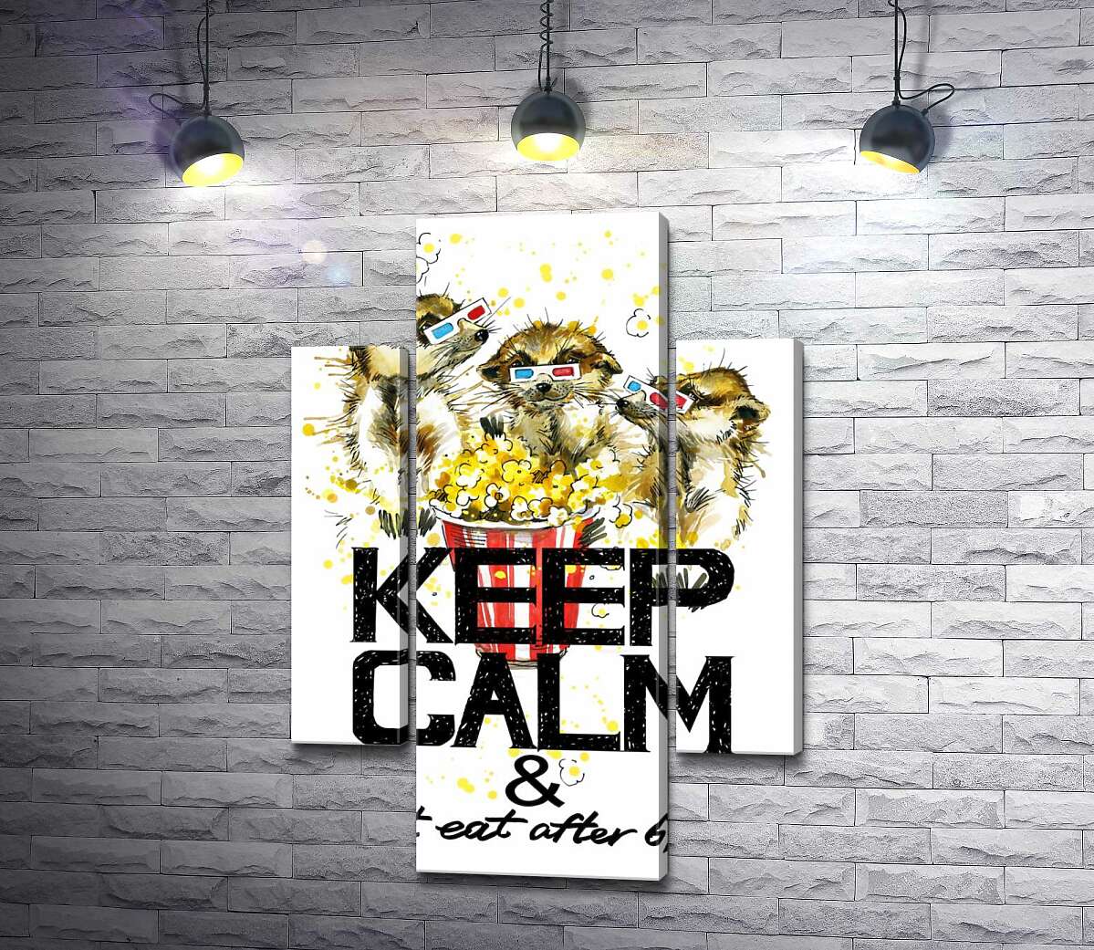 Модульная картина ArtPoster Суслики с попкорном за надписью "keep calm and don't eat after 6 p.m." 100x148 см Модуль №7
Модульная картина ArtPoster Суслики с попкорном за надписью "keep calm and don't eat after 6 p.m." 100x148 см Модуль №7