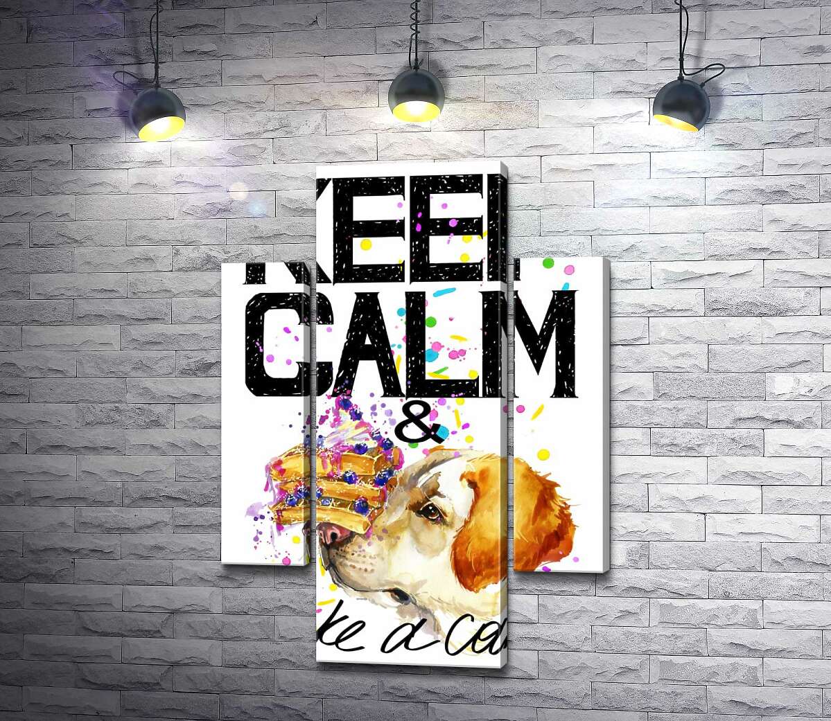 Модульная картина ArtPoster Собака с тортом на носу среди надписи " keep calm and take a cake " 100x148 см Модуль №7
Модульная картина ArtPoster Собака с тортом на носу среди надписи " keep calm and take a cake " 100x148 см Модуль №7