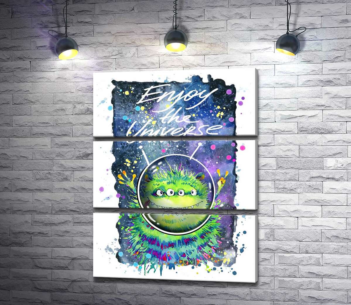 Модульная картина ArtPoster Четырехглазый зеленый монстр летает в космосе возле надписи "Enjoy the Universe" 130x168 см Модуль №13
Модульная картина ArtPoster Четырехглазый зеленый монстр летает в космосе возле надписи "Enjoy the Universe" 130x168 см Модуль №13