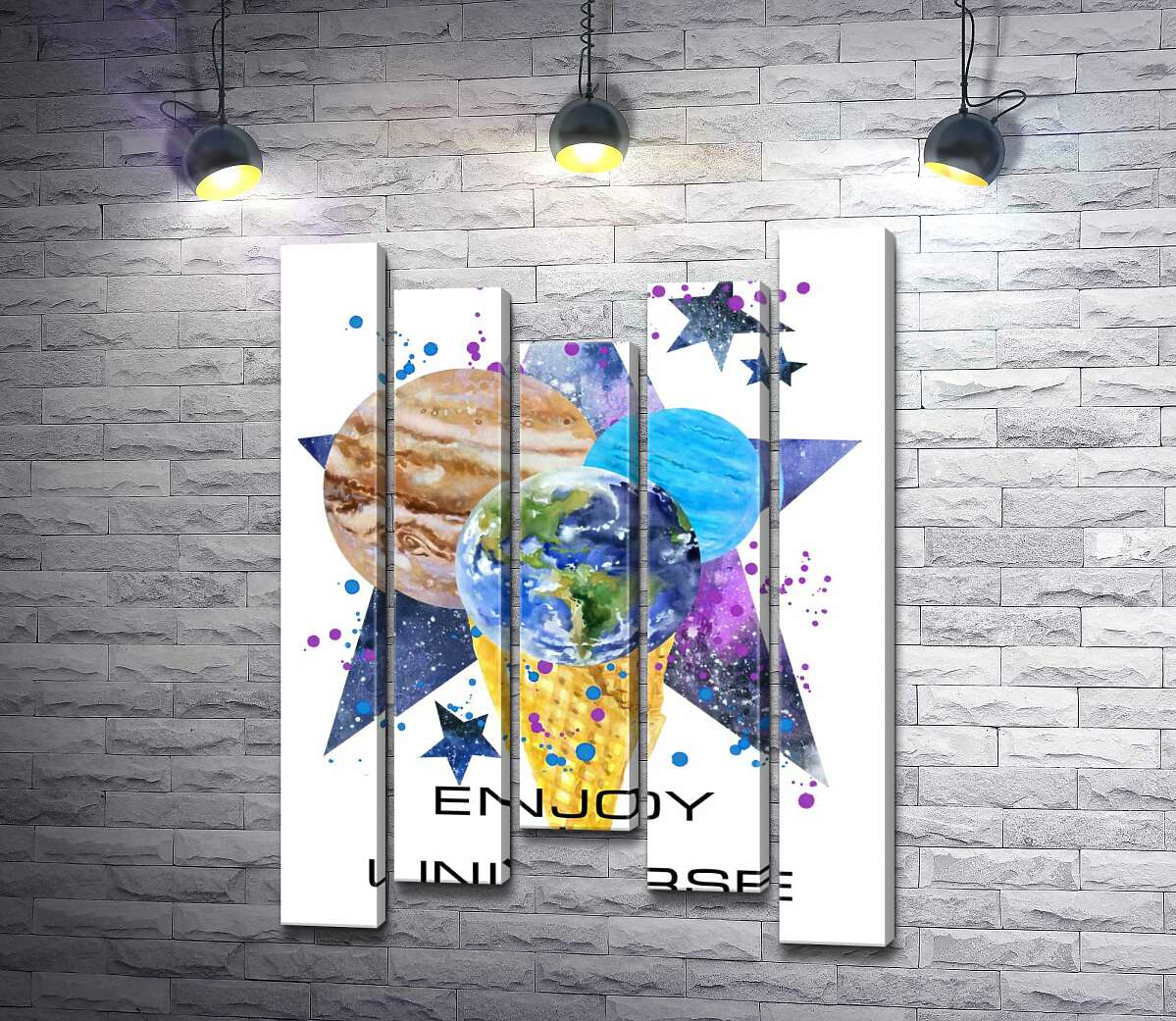 Модульная картина ArtPoster Три планеты в рожке мороженого на космическом фоне с надписью "enjoy the universe" 130x179 см Модуль №28
Модульная картина ArtPoster Три планеты в рожке мороженого на космическом фоне с надписью "enjoy the universe" 130x179 см Модуль №28