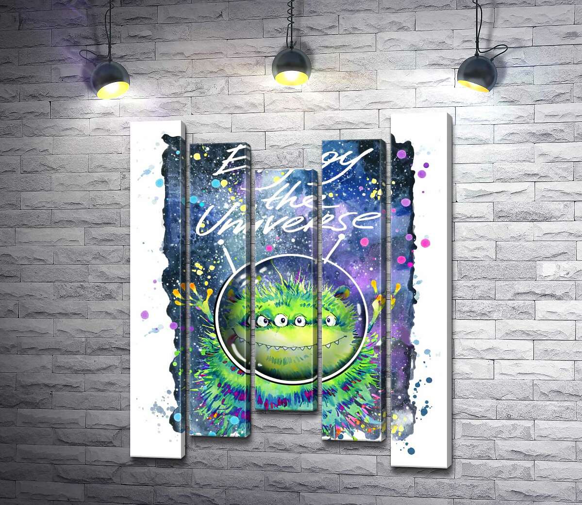 Модульная картина ArtPoster Четырехглазый зеленый монстр летает в космосе возле надписи "Enjoy the Universe" 130x168 см Модуль №28
Модульная картина ArtPoster Четырехглазый зеленый монстр летает в космосе возле надписи "Enjoy the Universe" 130x168 см Модуль №28