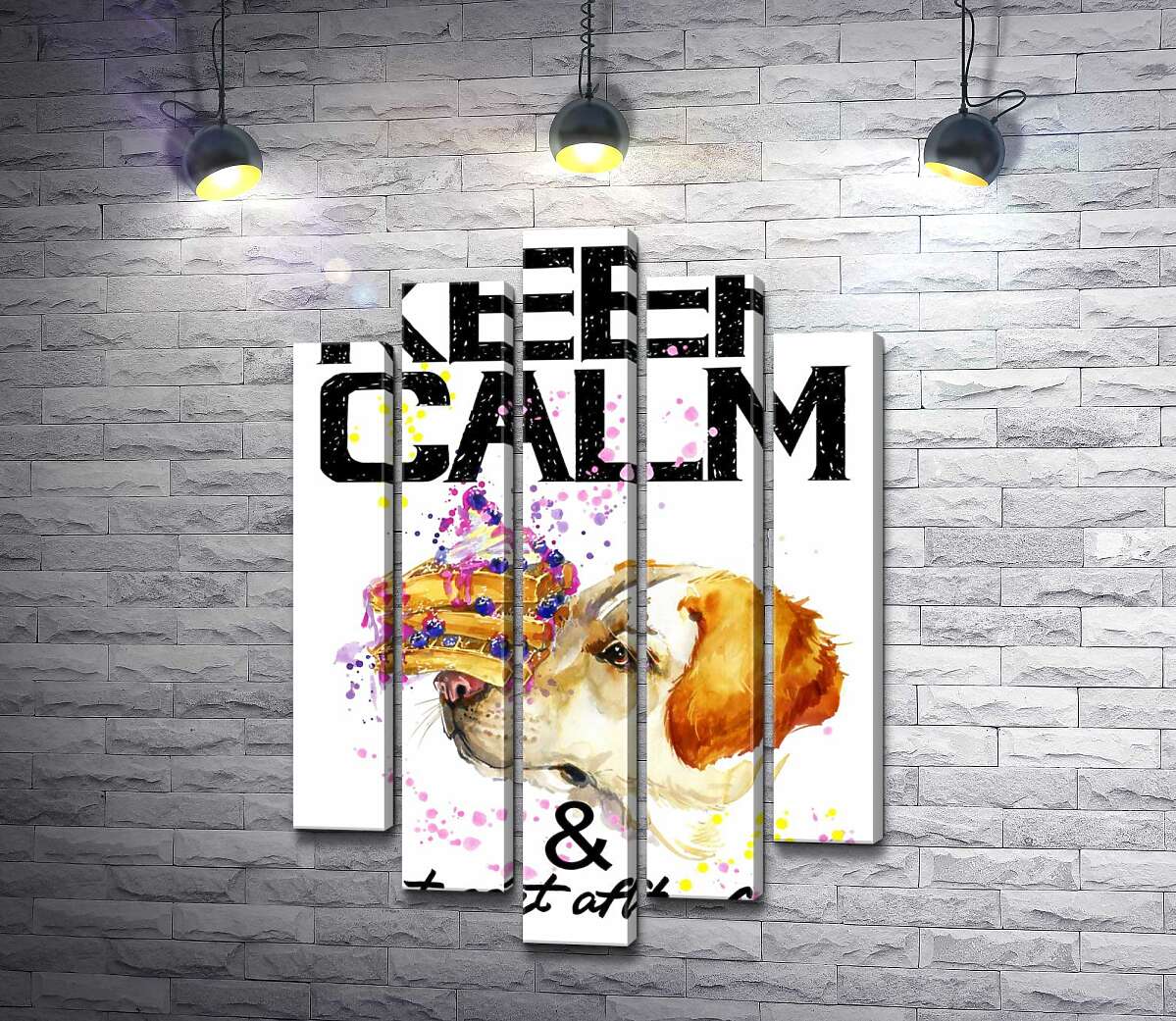 Модульная картина ArtPoster Черничный торт на носу у собаки среди надписи "keep calm and don't eat after 6 p.m." 130x192 см Модуль №26
Модульная картина ArtPoster Черничный торт на носу у собаки среди надписи "keep calm and don't eat after 6 p.m." 130x192 см Модуль №26