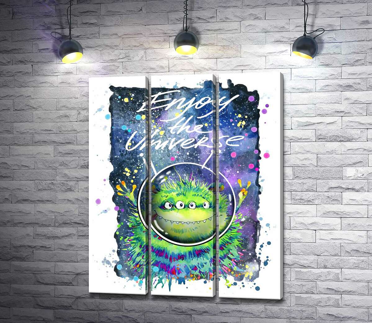Модульная картина ArtPoster Четырехглазый зеленый монстр летает в космосе возле надписи "Enjoy the Universe" 60x77 см Модуль №11
Модульная картина ArtPoster Четырехглазый зеленый монстр летает в космосе возле надписи "Enjoy the Universe" 60x77 см Модуль №11