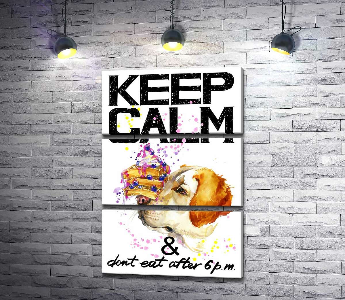 Модульная картина ArtPoster Черничный торт на носу у собаки среди надписи "keep calm and don't eat after 6 p.m." 100x147 см Модуль №13
Модульная картина ArtPoster Черничный торт на носу у собаки среди надписи "keep calm and don't eat after 6 p.m." 100x147 см Модуль №13