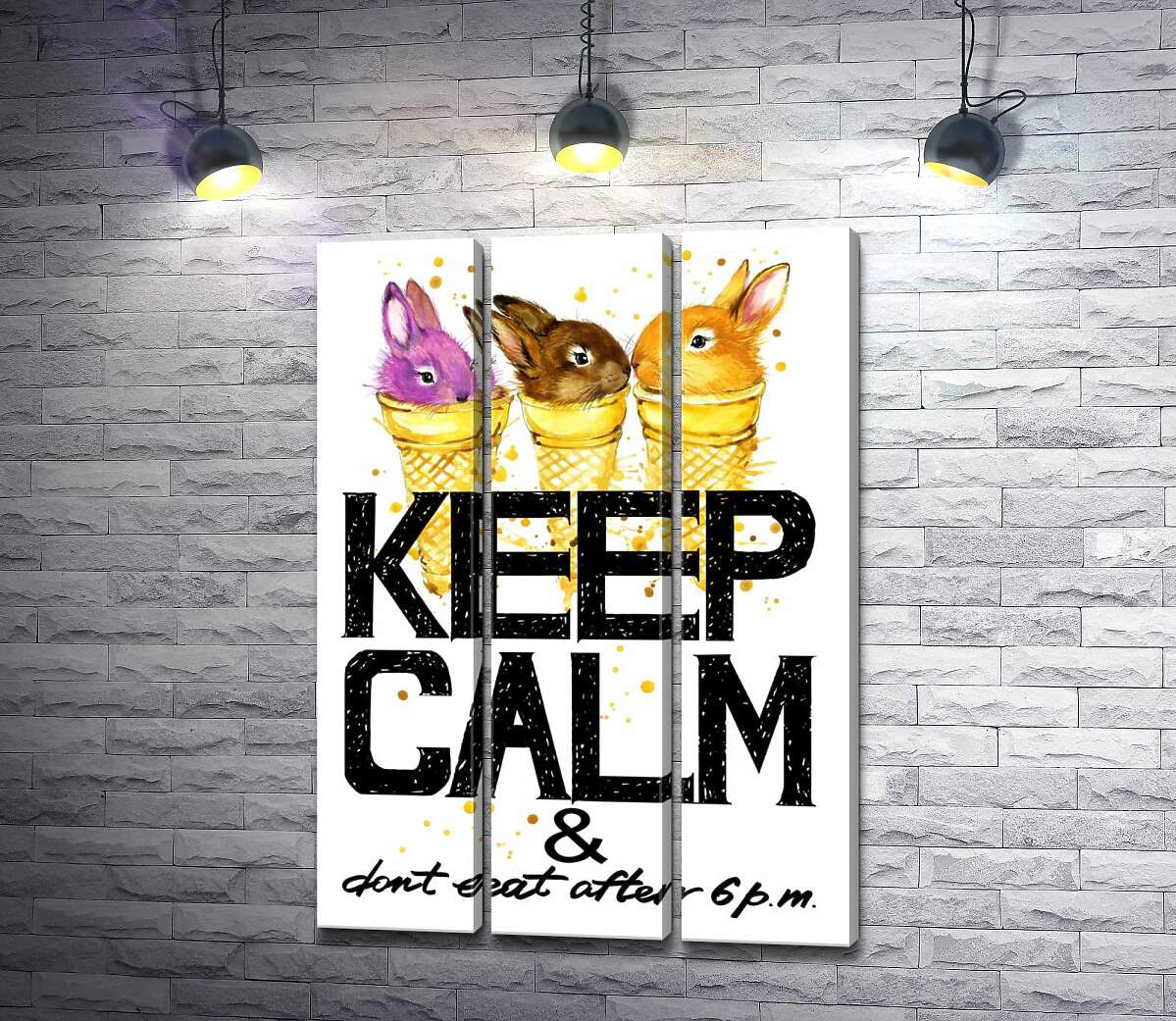 Модульная картина ArtPoster Цветные зайцы в рожках мороженого над надписью "keep calm and don't eat after 6 p.m." 132x190 см Модуль №11
Модульная картина ArtPoster Цветные зайцы в рожках мороженого над надписью "keep calm and don't eat after 6 p.m." 132x190 см Модуль №11