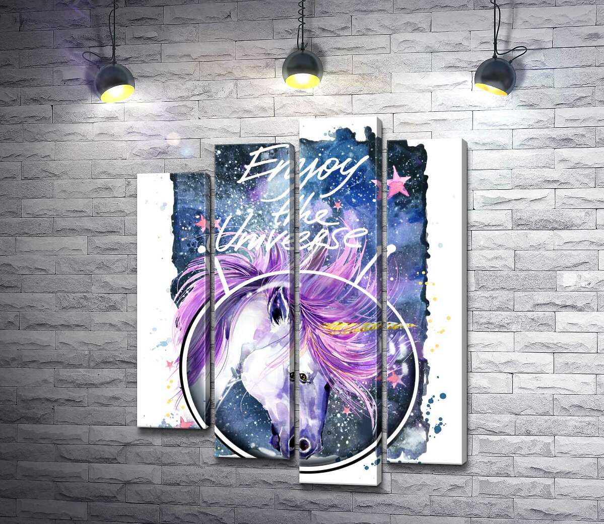 Модульная картина ArtPoster Белый единорог в шлеме среди космоса с надписью "Enjoy the Universe" 100x130 см Модуль №21
Модульная картина ArtPoster Белый единорог в шлеме среди космоса с надписью "Enjoy the Universe" 100x130 см Модуль №21