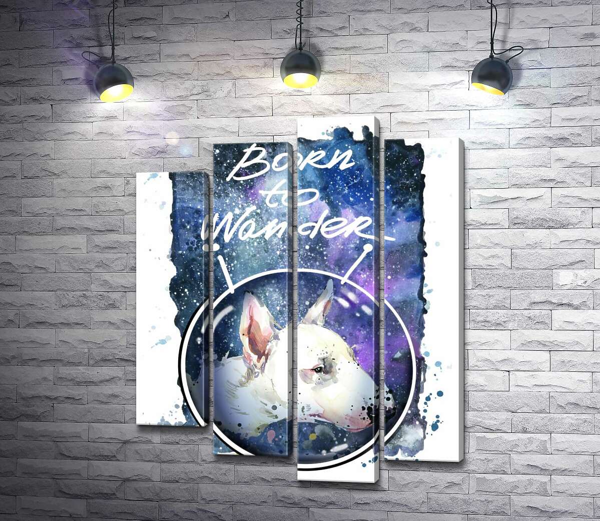 Модульная картина ArtPoster Белый бультерьер в шлеме космонавта под надписью "born to wander" 100x130 см Модуль №21
Модульная картина ArtPoster Белый бультерьер в шлеме космонавта под надписью "born to wander" 100x130 см Модуль №21