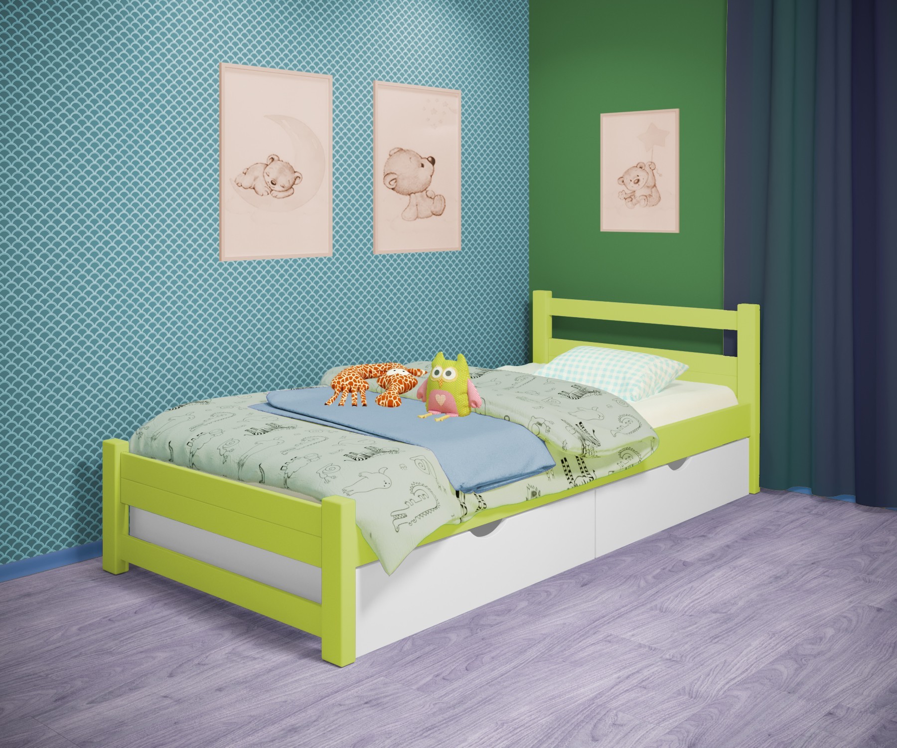 Кровать односпальная RainbowDream Филипп 70х140 см зеленый массив ольхи, с ящиками
Кровать односпальная RainbowDream Филипп 70х140 см зеленый массив ольхи, с ящиками