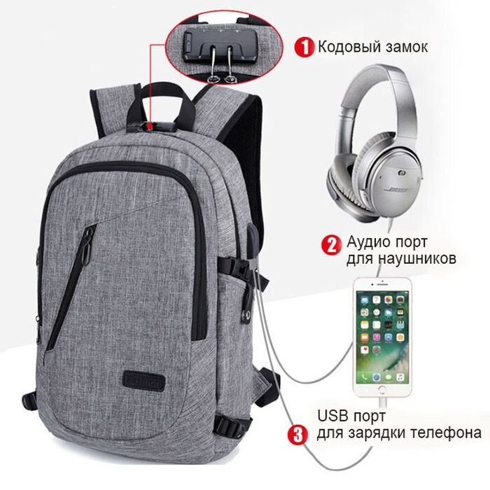 Городской рюкзак с кодовым замком, аудио и USB портом, вмещается ноутбук 15 дюймов
Городской рюкзак с кодовым замком, аудио и USB портом, вмещается ноутбук 15 дюймов