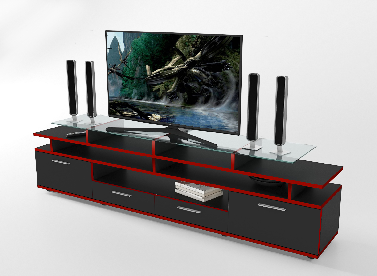 Тумба под телевизор в гостиную из ламинированной ДСП Comfy Home Cinema черный/красный Zeus
Тумба под телевизор в гостиную из ламинированной ДСП Comfy Home Cinema черный/красный Zeus