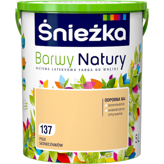 Матовая латексная краска для интерьеров Sniezka Barwy Natury 137Т Светло-жёлтый ПОЛЕ ПОДСОЛНУХОВ 5л
Матовая латексная краска для интерьеров Sniezka Barwy Natury 137Т Светло-жёлтый ПОЛЕ ПОДСОЛНУХОВ 5л