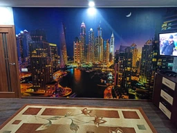 Флизелиновые 3D фотообои с городами в интерьере 184x254 см Небоскребы Дубая ночью (1672V4A)+клей фото от покупателей 1