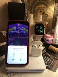 Бездротова зарядка док-станція Grand 3в1 підставка для iPhone / Apple Watch / AirPods White біла