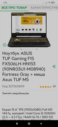 Ноутбук ASUS TUF Gaming F15 FX506LH-HN153 (90NR03U1-M08940) Fortress Gray + мышь Asus TUF M5