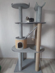 Стильная когтеточка с домиком игровой комплекс для кошек, котов всех пород 190х80х60см серо бежевая