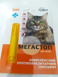 Краплі від зовнішніх та внутрішніх паразитів ProVET Мегастоп для кішок масою тіла від 4 до 8 кг, 1 піпетка по 1,0 мл (4823082417469)