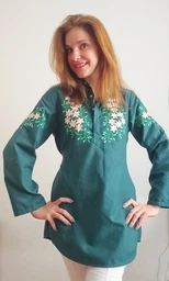 Женская туника с длинным рукавом, с пояском, вышивка - цветки, ткань оникс, цвет - темно - зеленый, размер 56-58, Світлана-К