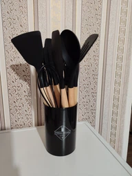 Силіконовий кухонний набір приладдя Kitchen Set 12 предметів (дерево+силікон) чорний фото від покупців 2