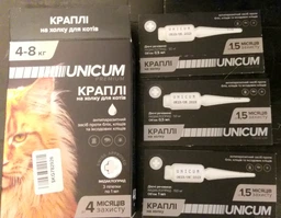 Капли Unicum Premium от блох и клещей на холку для больших котов массой от 4 кг 3 шт (4820150201777) фото от покупателей 1