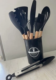 Набор кухонных принадлежностей Kitchen Set 12 предметов, силиконовый кухонный набор (держатель - дерево)