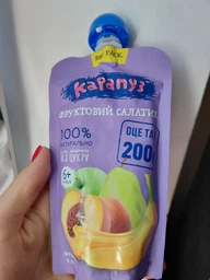 Пюре Карапуз Фруктовий салатик з яблук, груш, персиків та бананів, 100г.