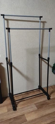 Вішалка для одягу дворівнева підлогова на коліщатках 68×28×137 см Double-Pole, телескопічна регульована металева вішалка-стійка для зберігання речей з полицею для взуття Срібляста з чорним, DP-15-D1 фото від покупців 18