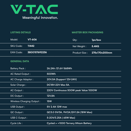 Портативна зарядна станція V-TAC VT606 230В 500W, 26,2Ah 568Wh