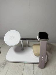 Беспроводная зарядка magsafe док станция 3 в 1 зарядная магнитная Qi2 25W QINETIQ T255 подставка держатель для apple айфона 16 17 часов наушников телефона быстрая на айфон iphone airpods iwatch эпл вотч galaxy watch сертифицированная белая + адаптер