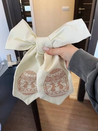 Пасхальный бант на корзину Мамине Сонечко Писанка с двумя зайками 130*12 лен айвори (арт.0-013-Б)