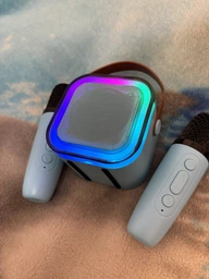 Портативна Bluetooth колонка бездротова з караоке ДВА мікрофони з різнокольоровим підсвічуванням, Рожева фото від покупців 14