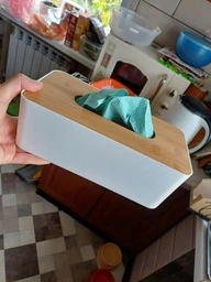 Салфетница 25 х 12,8 х 8,5 см с бамбуковой крышкой белая фото от покупателей 3