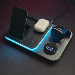 Бездротова зарядка 5в1 зарядна док станція LEXEGO для айфона iPhone AirPods та смарт годинника Apple Watch та LED підсвіткою Black A-82B фото від покупців 1