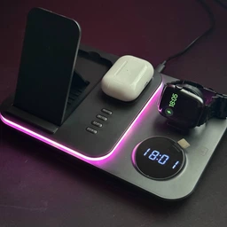 Бездротова зарядка 5в1 зарядна док станція LEXEGO для айфона iPhone AirPods та смарт годинника Apple Watch та LED підсвіткою Black A-82B