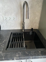 Мийка з нержавіючої сталі AQUAMILL 5050 з PVD покриттям чорна + змішувач з висувною лійкою + дозатор + решітка фото від покупців 7