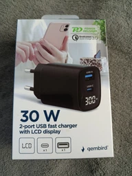 Сетевое ЗУ Gembird TA-UC-PDQC30LCD-BK-01, 1 USB-A (QC3.0 18W) + 1 Type-C (PD20W), LCD, черный