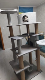 Высокий игровой кошачий комплекс когтеточка с большим домиком гамаком коту кошке 195х80х60см серый фото от покупателей 7