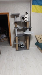 Высокий игровой кошачий комплекс когтеточка с большим домиком гамаком коту кошке 195х80х60см серый фото от покупателей 5