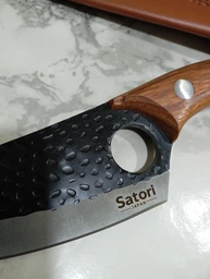 Нож кухонный стальной Satori на кухню шинковочный острый разделочный обвалочный длиный ножик для нарезания разделки мяса рыбы шинкования шинковки овощей кухни лезвие из нержавеющей стали нержавейки с деревянной ручкой рукоятью + чехол для ножа Сатори