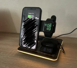 Бездротова зарядна док станція 5в1 докстанція з годинником для iPhone зарядка на айфон епл вотч AirPods iWatch настільний тримач для телефону з LED підсвіткой Black LEXEGO A93-B