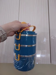 Термоланч-бокс з нержавіючої сталі 3 рівні з термосумкою та приладами, герметичний контейнер для обіду, синьо-жовтий