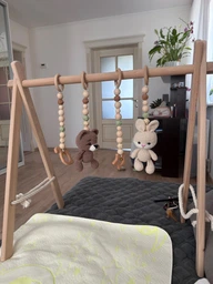 Підлоговий мобіль BABY GYM з іграшками, стійка Монтессорі, тренажер для немовлят, Лісовий, коричневий ведмедик і бежевий зайчик