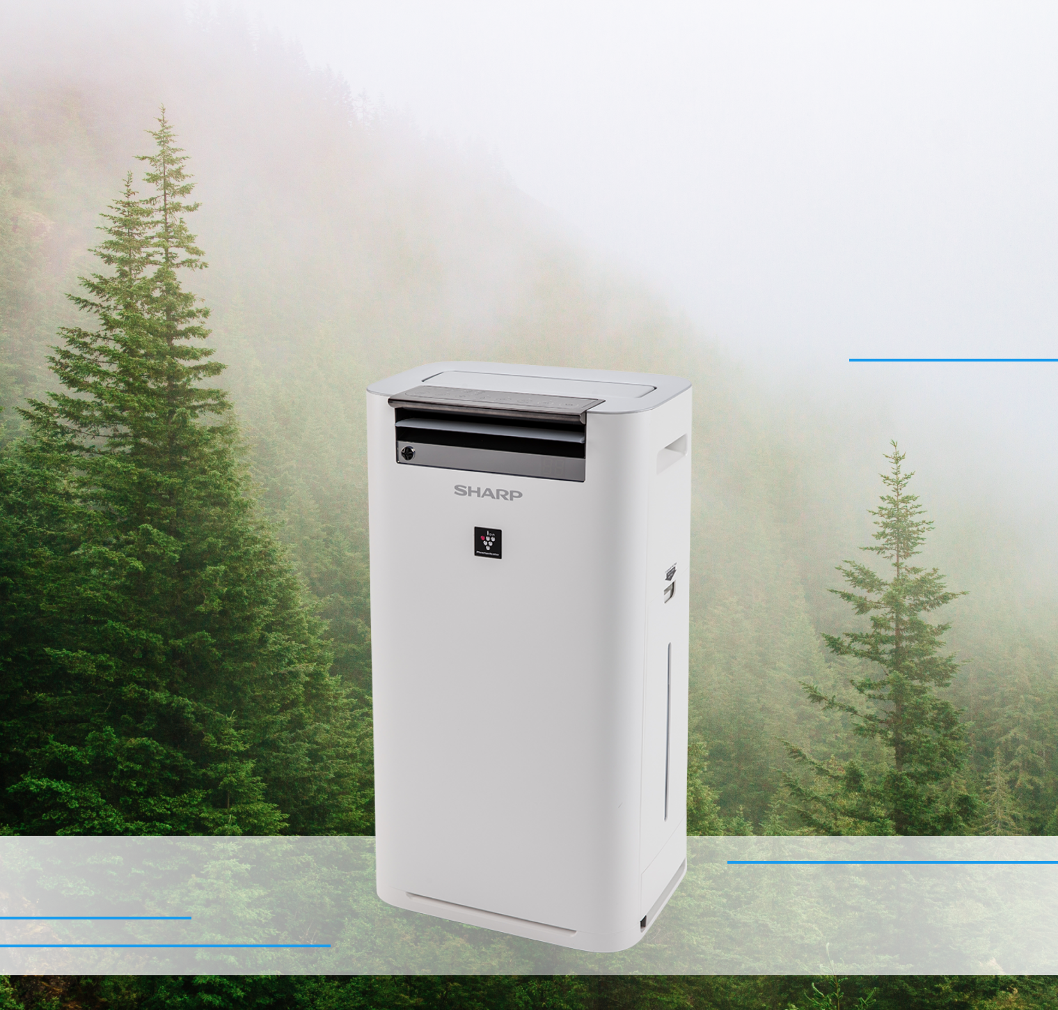 Очисник та зволожувач повітря Sharp KC-G50EUW на тлі густого лісу з високими зеленими хвойними деревами. Фон має легкий туман, що додає відчуття свіжості і чистоти.