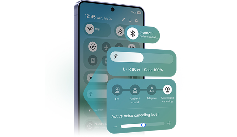Смартфон Galaxy з відкритою панеллю швидких налаштувань з акцентом на нову версію One UI 8.5. Виокремлено функції Bluetooth, керування гучністю та шумозаглушення.
