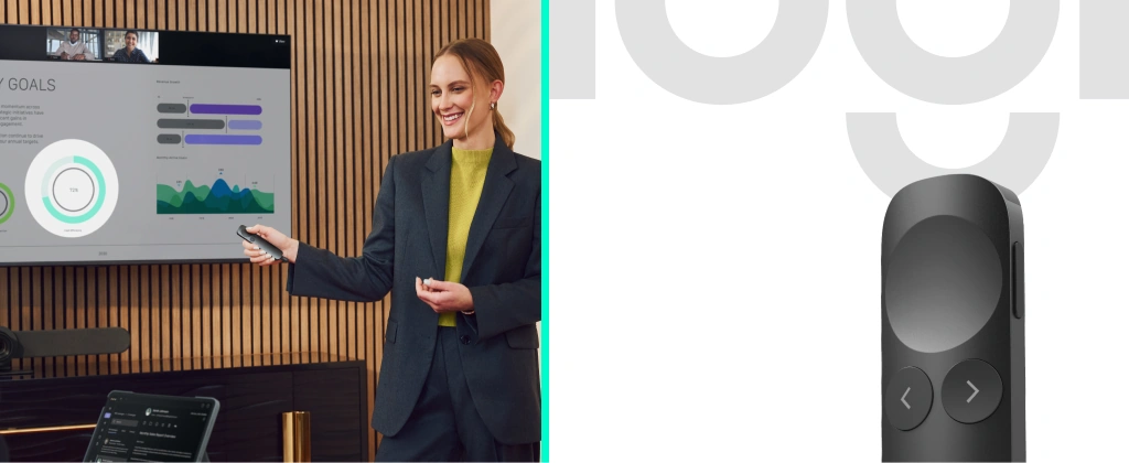 Logitech Spotlight 2 — презентер у руці на тлі екрана презентації