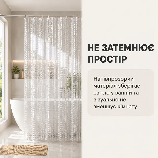 Полупрозрачный материал шторки сохраняет естественный свет в ванной