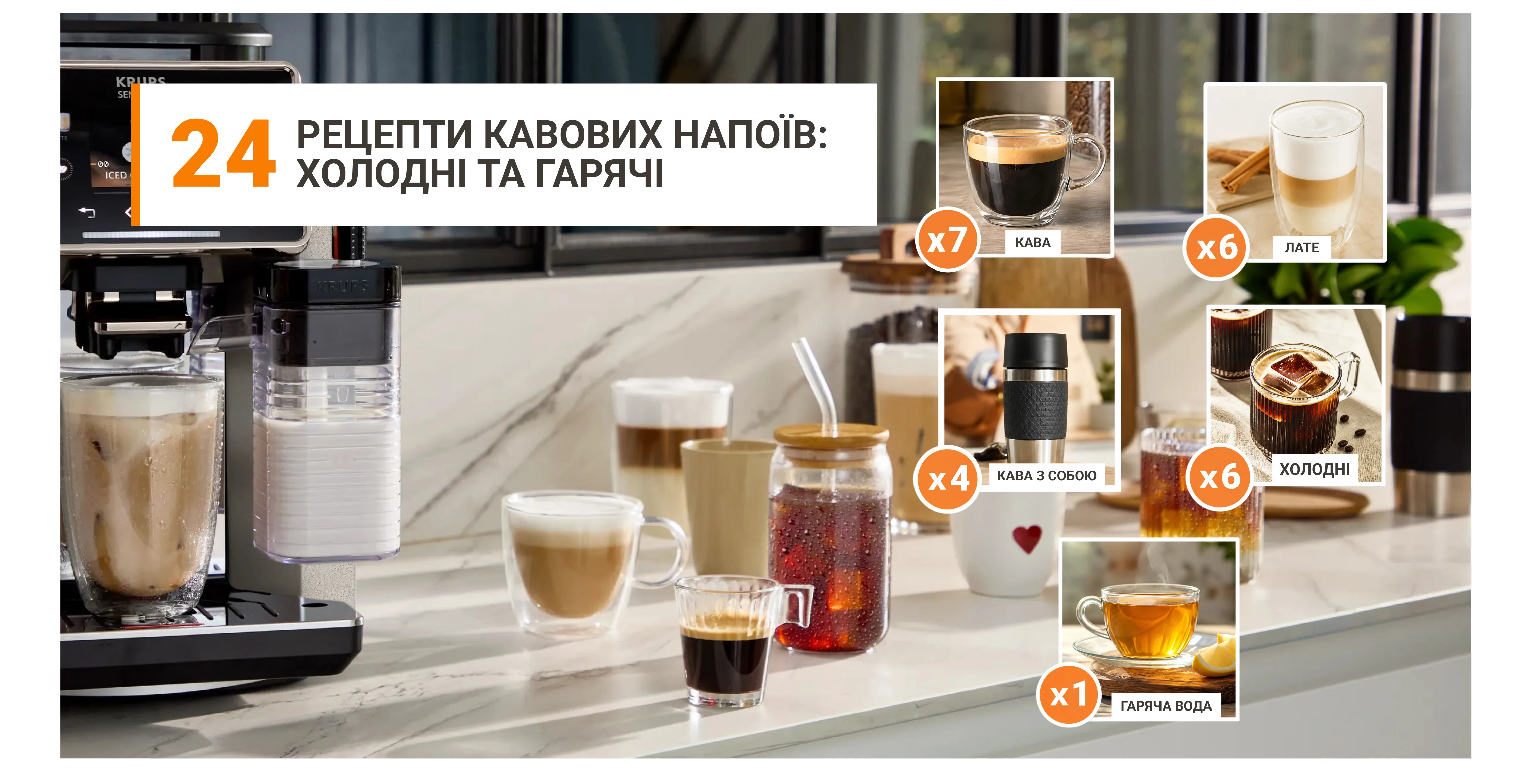 24 рецепта кофейных напитков: холодные и горячие в кофемашине Krups Sensation Elite