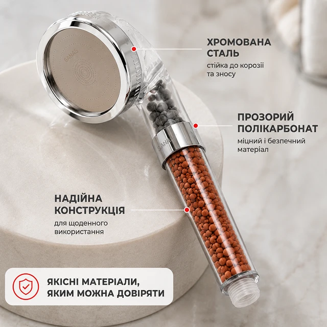 Прочная конструкция лейки из прозрачного поликарбоната и хромированных элементов