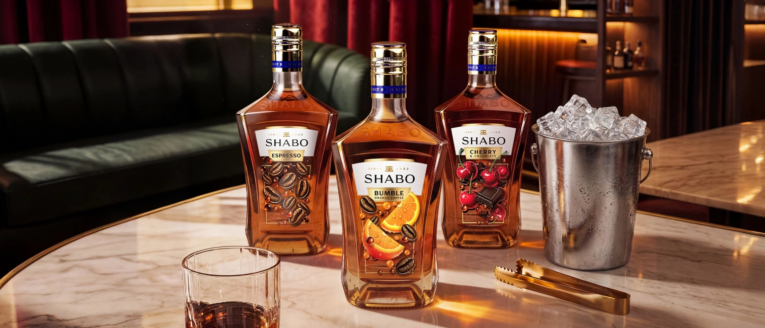 Линейка крепких напитков SHABO Limited Collection на барной стойке